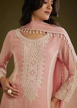 Pink Georgette Moti Work Asymmetrical Kurta Set With Tassels Bordered Dupatta