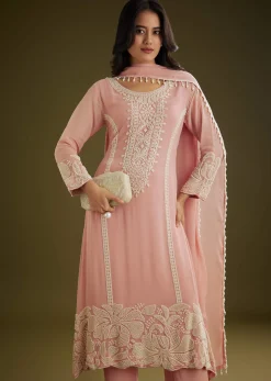 Pink Georgette Moti Work Asymmetrical Kurta Set With Tassels Bordered Dupatta