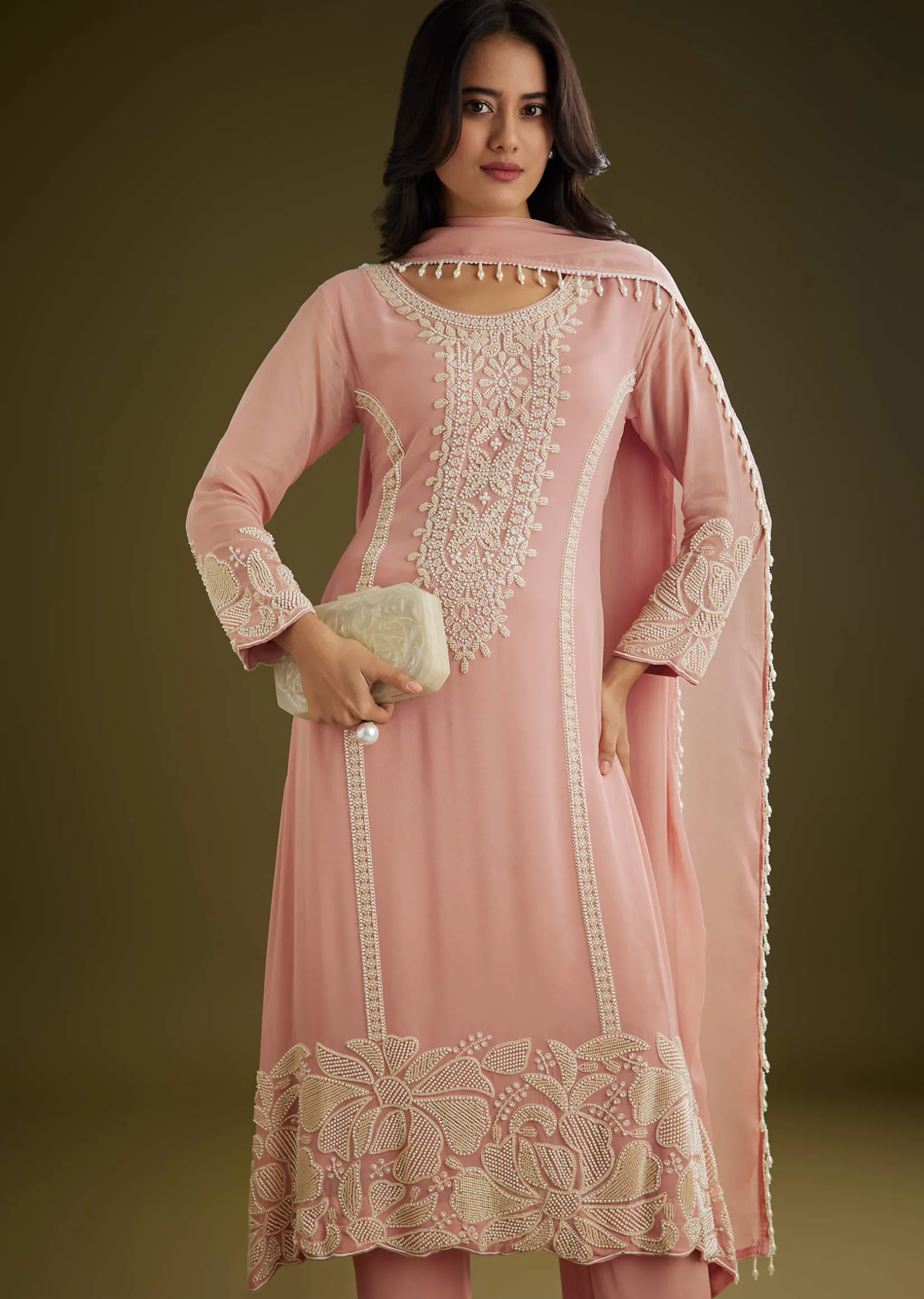 Pink Georgette Moti Work Asymmetrical Kurta Set With Tassels Bordered Dupatta