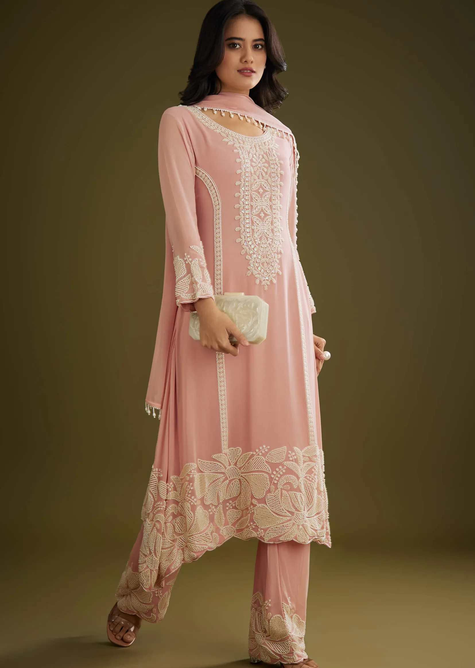 Pink Georgette Moti Work Asymmetrical Kurta Set With Tassels Bordered Dupatta