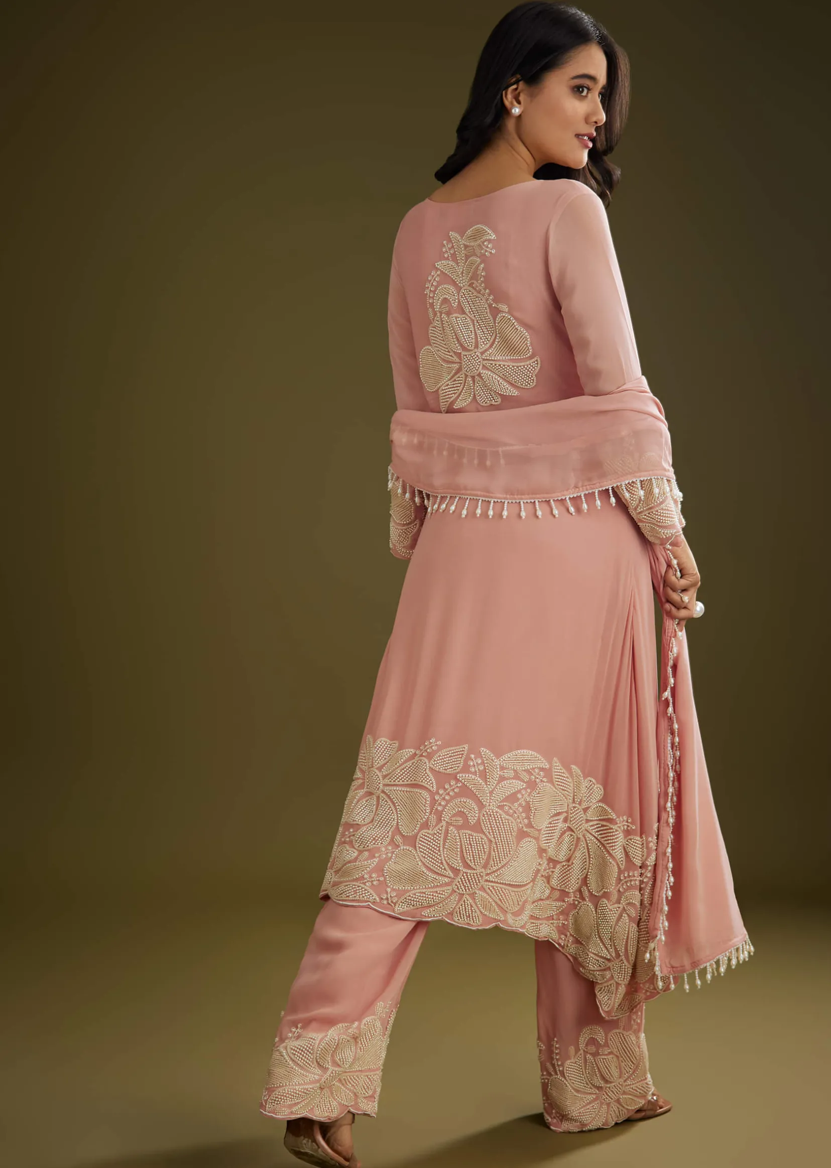 Pink Georgette Moti Work Asymmetrical Kurta Set With Tassels Bordered Dupatta