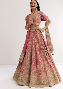 Pink Georgette Printed Cutdana Stonework Lehenga With Net Dupatta