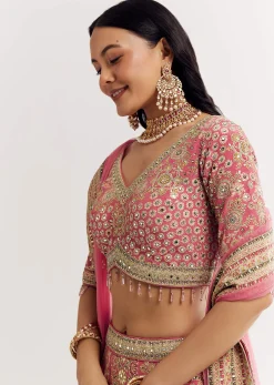 Pink Georgette Printed Cutdana Stonework Lehenga With Net Dupatta