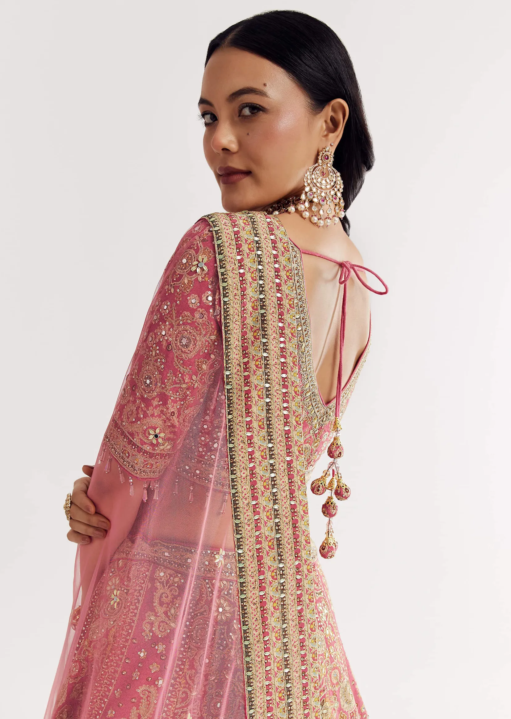 Pink Georgette Printed Cutdana Stonework Lehenga With Net Dupatta