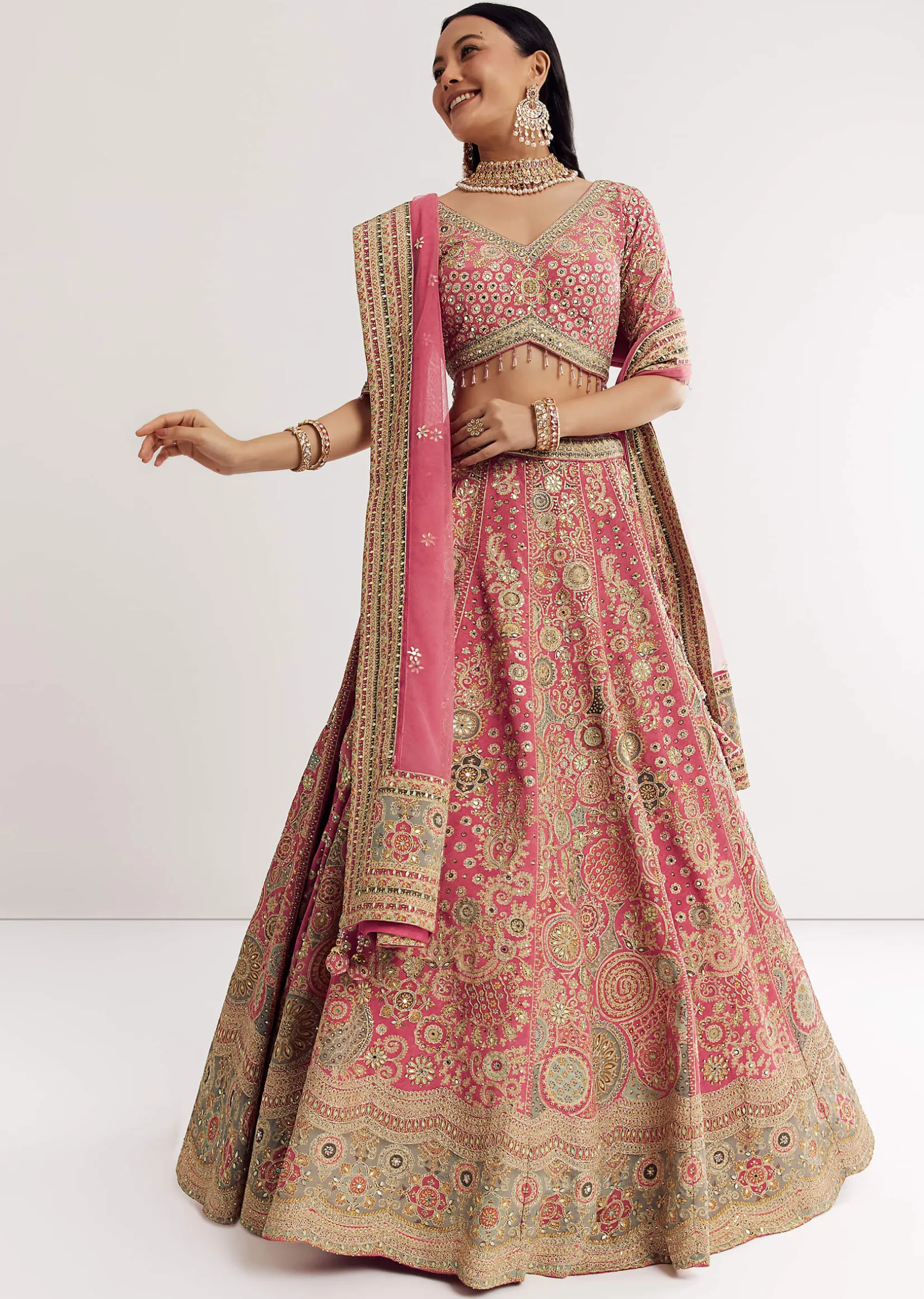 Pink Georgette Printed Cutdana Stonework Lehenga With Net Dupatta