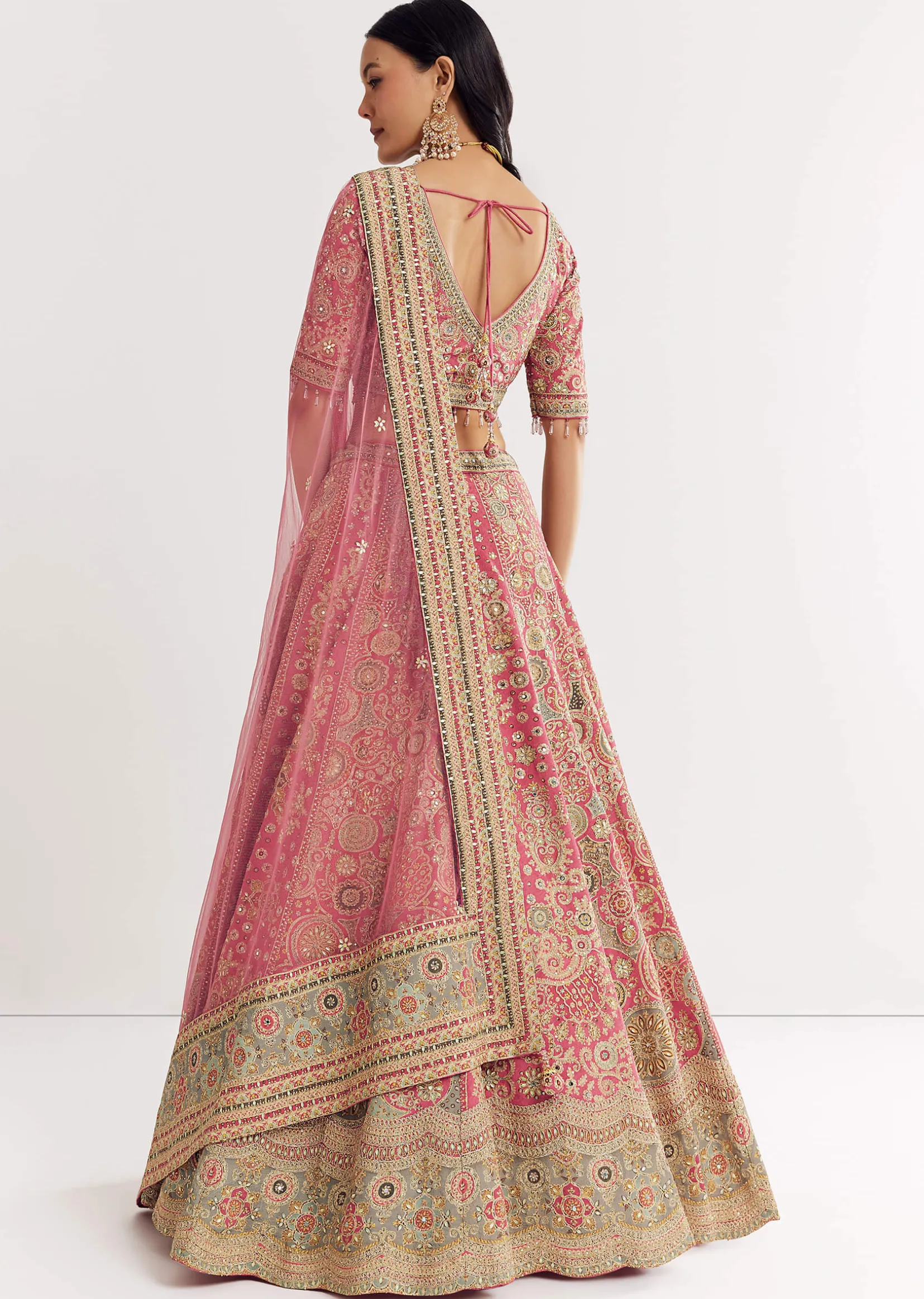 Pink Georgette Printed Cutdana Stonework Lehenga With Net Dupatta