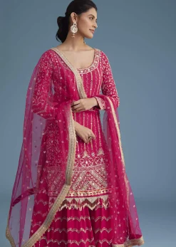 Pink Georgette Sharara Set With Mirror Sequins And Zardosi Work