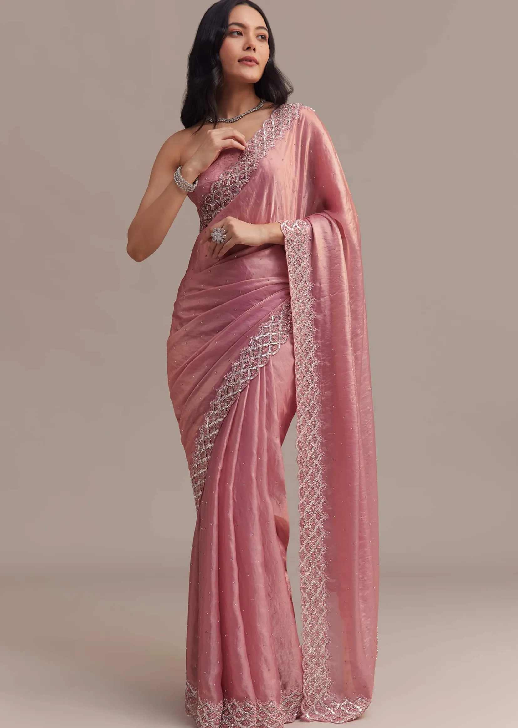 Pink Glass Tissue Saree With Sequins And Moti Embroidered Border
