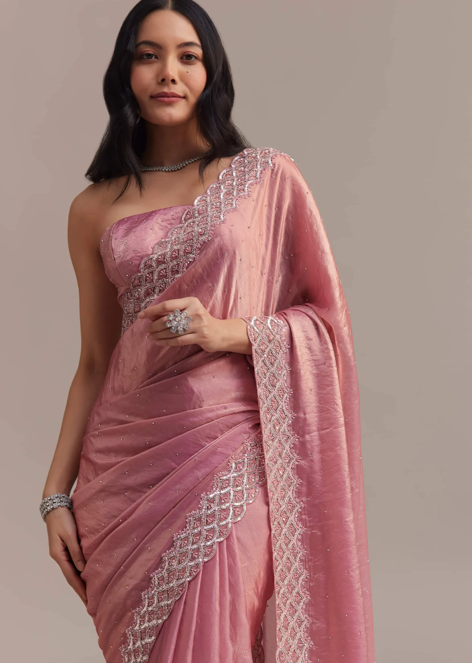 Pink Glass Tissue Saree With Sequins And Moti Embroidered Border