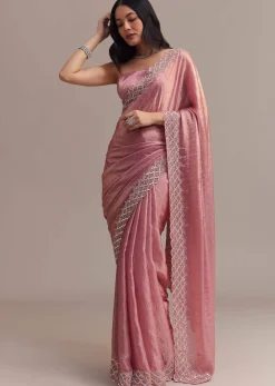 Pink Glass Tissue Saree With Sequins And Moti Embroidered Border
