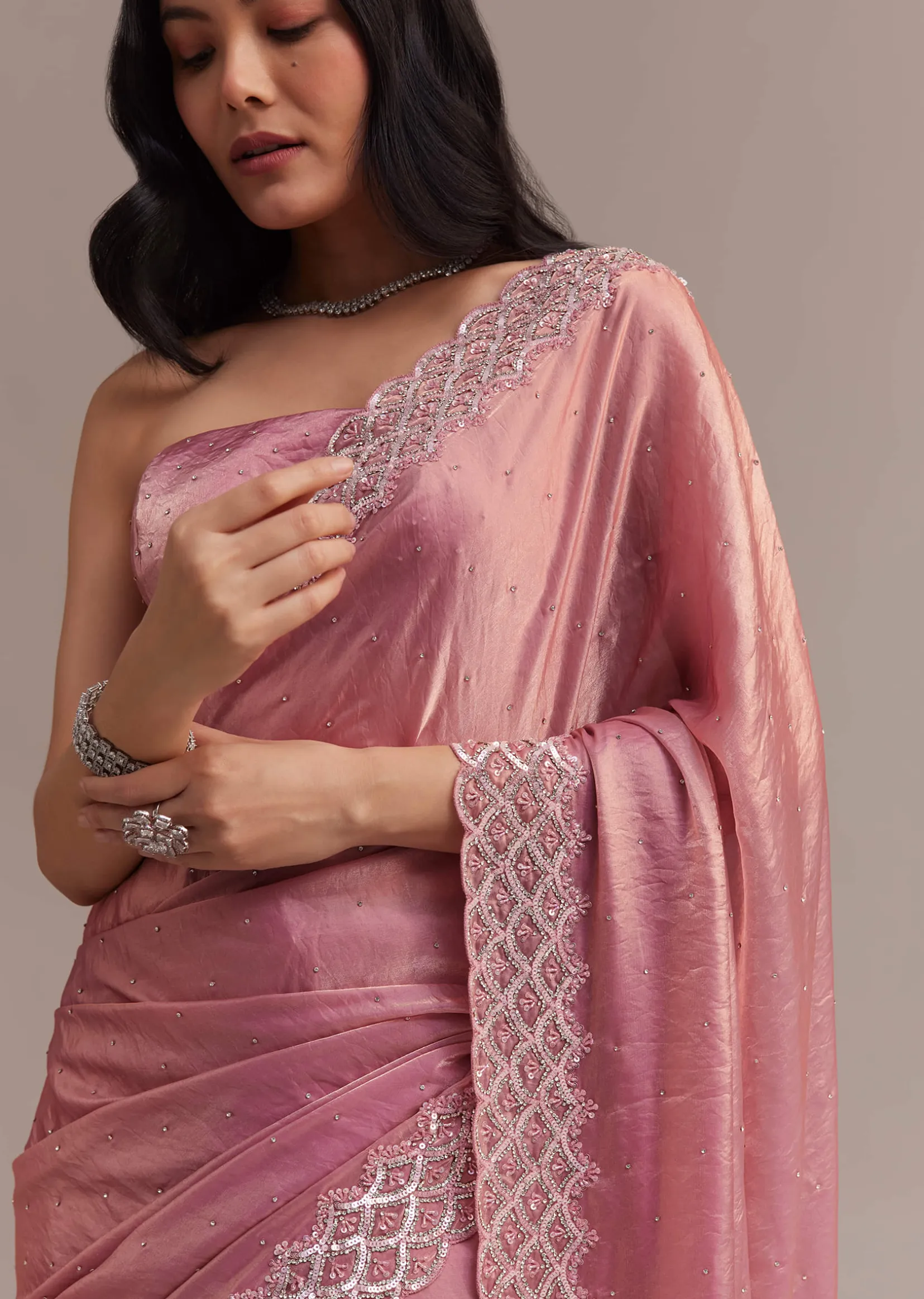 Pink Glass Tissue Saree With Sequins And Moti Embroidered Border