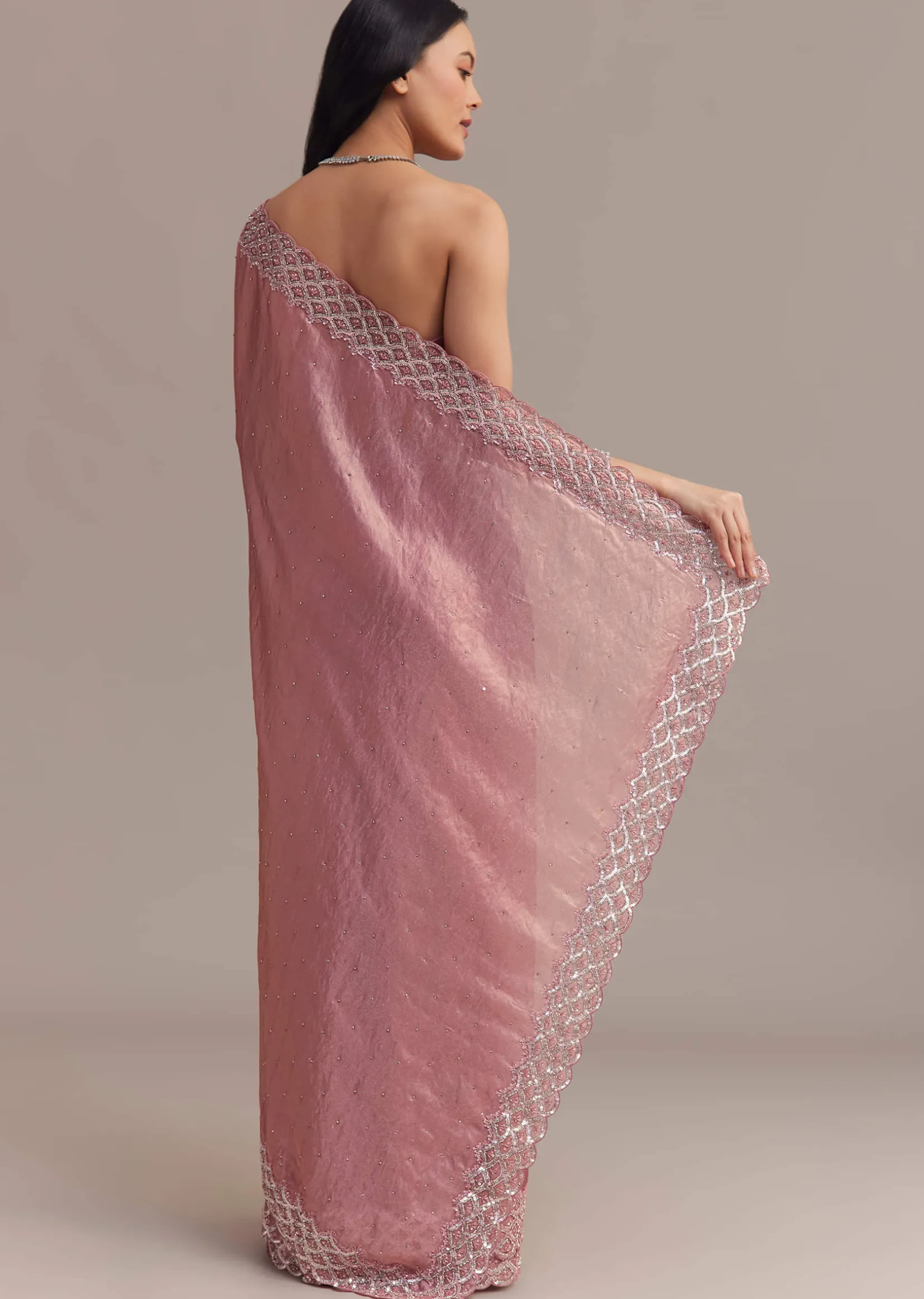 Pink Glass Tissue Saree With Sequins And Moti Embroidered Border
