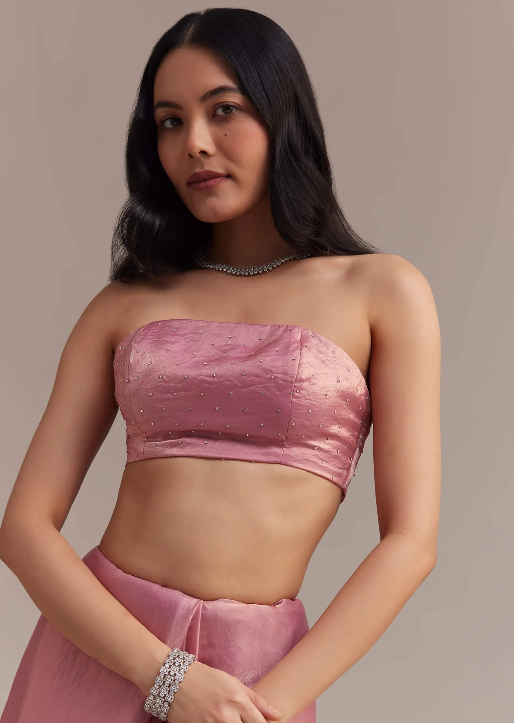 Pink Glass Tissue Saree With Sequins And Moti Embroidered Border