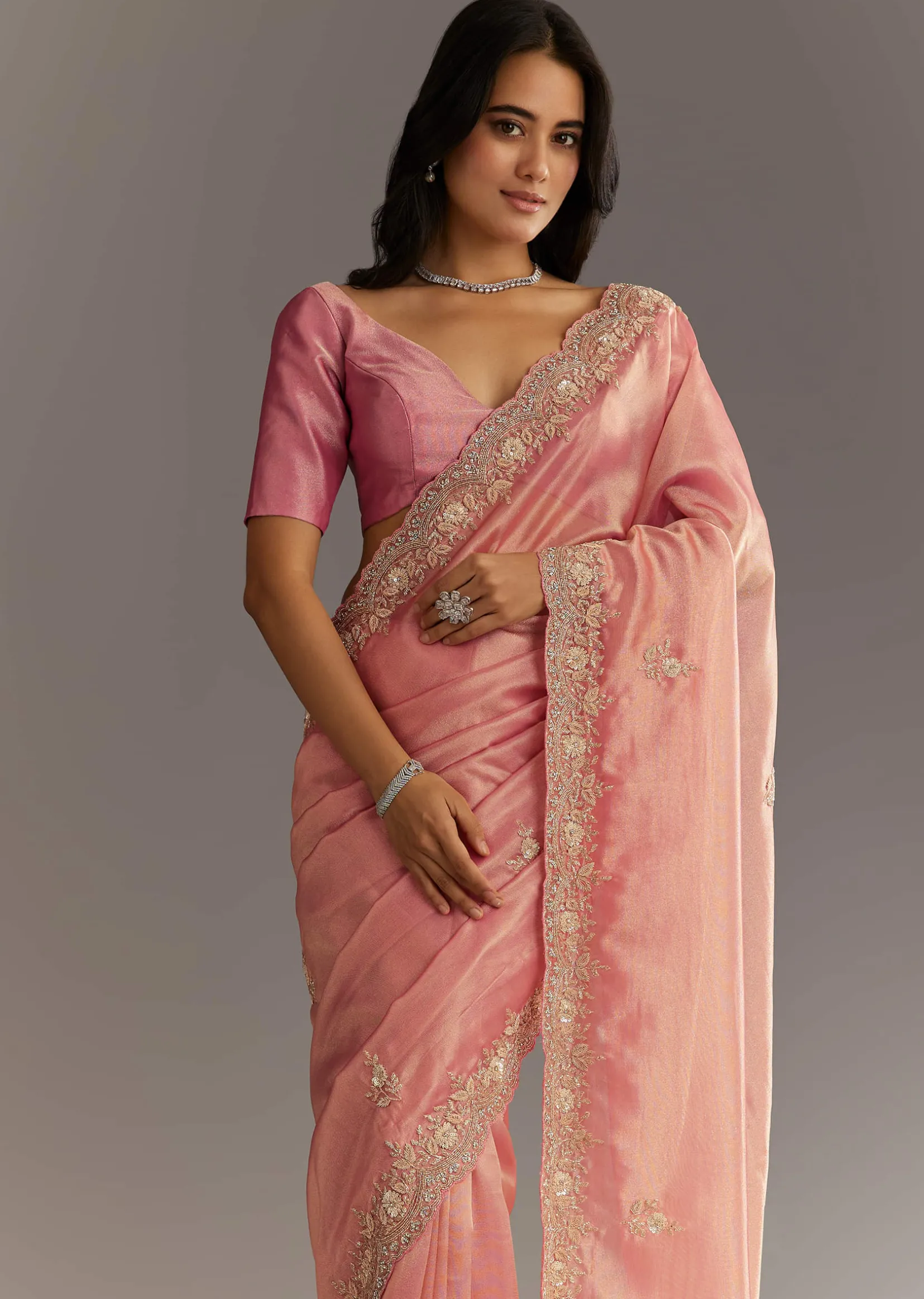 Pink Glass Tissue Sareee With Embroidered Scallop Border