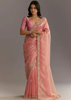 Pink Glass Tissue Sareee With Embroidered Scallop Border