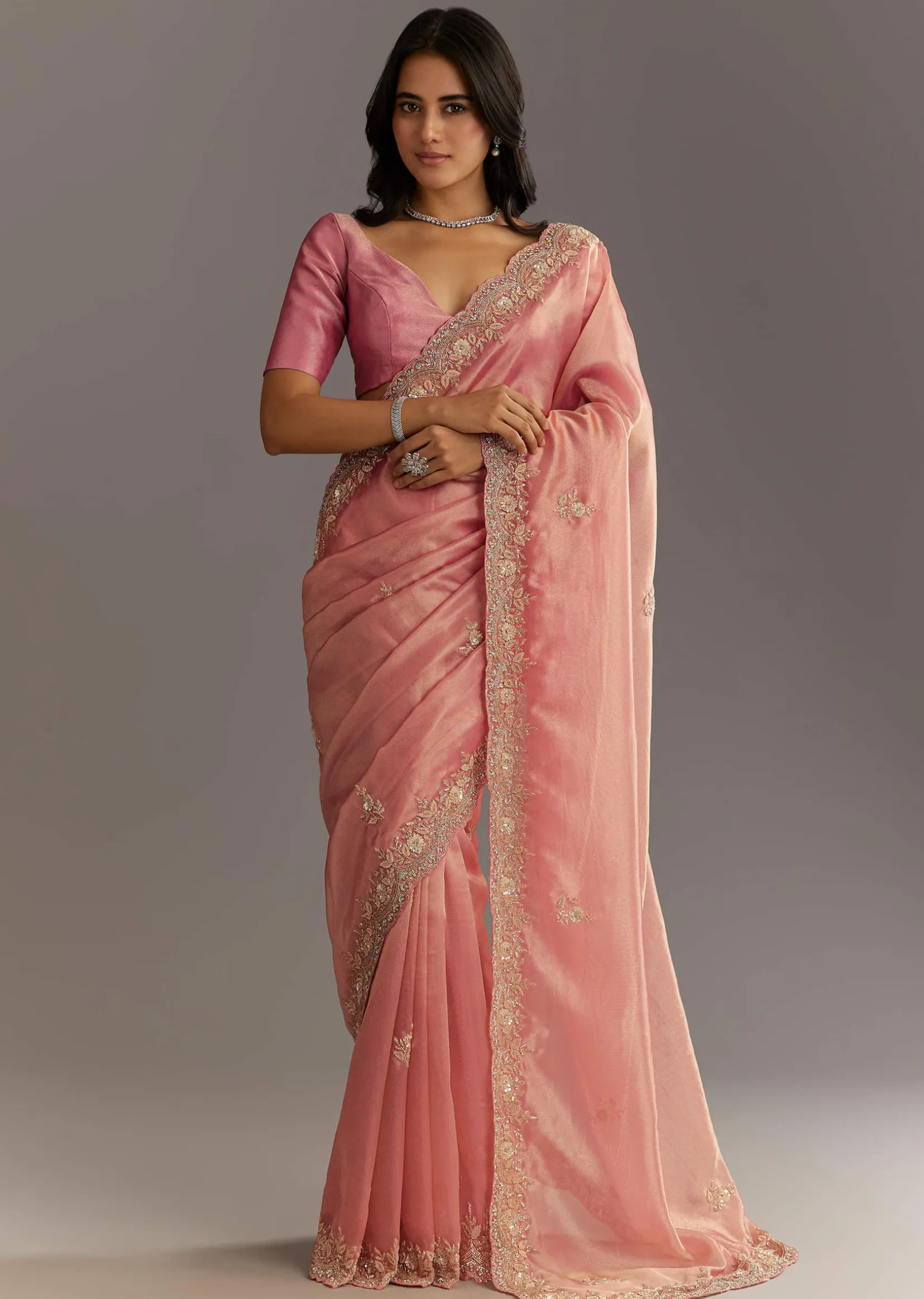 Pink Glass Tissue Sareee With Embroidered Scallop Border