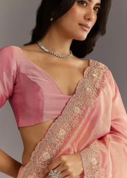 Pink Glass Tissue Sareee With Embroidered Scallop Border