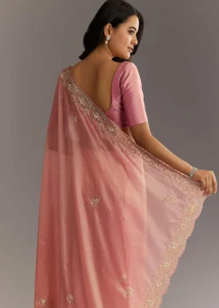 Pink Glass Tissue Sareee With Embroidered Scallop Border