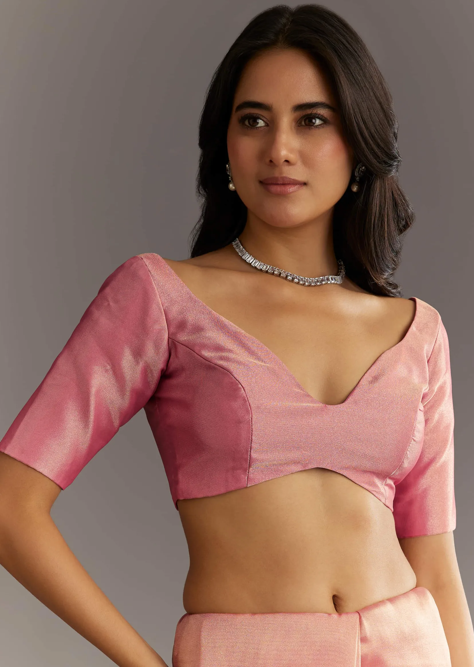 Pink Glass Tissue Sareee With Embroidered Scallop Border
