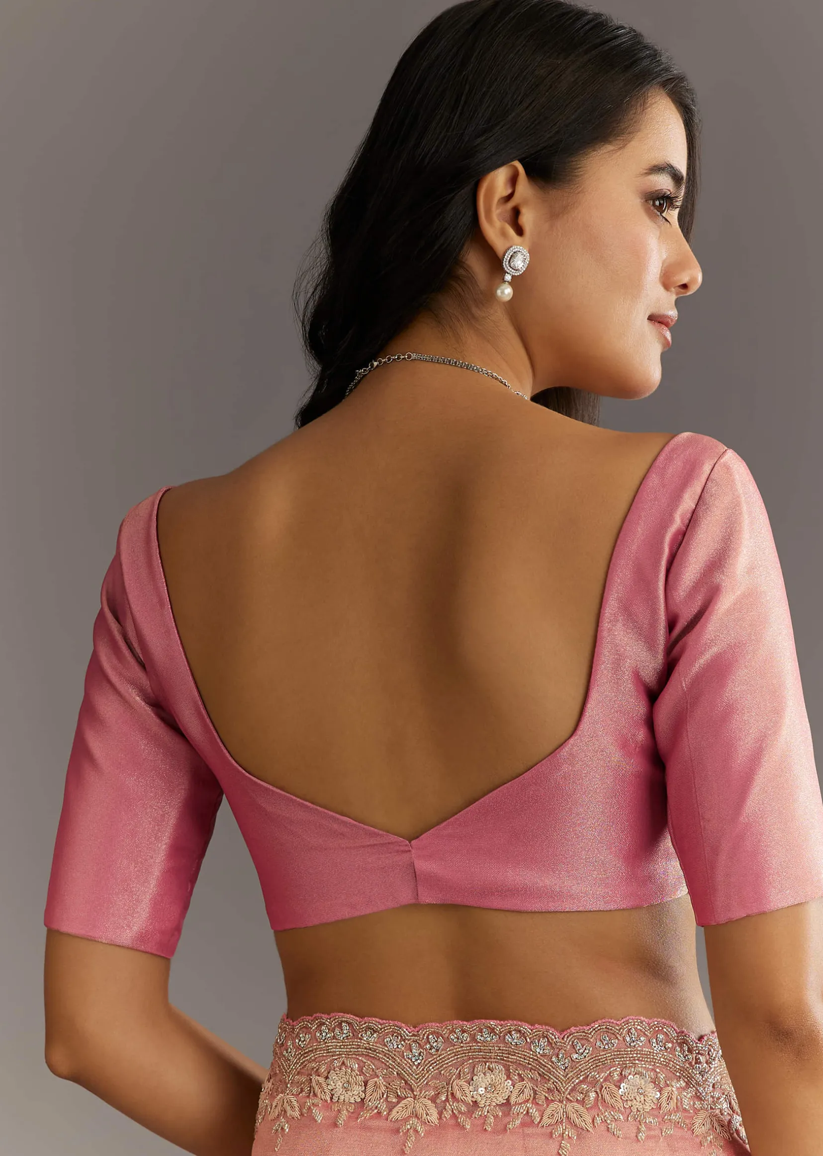 Pink Glass Tissue Sareee With Embroidered Scallop Border