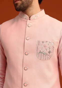 Pink Hand Embroidered Jacket And Kurta Set In Linen