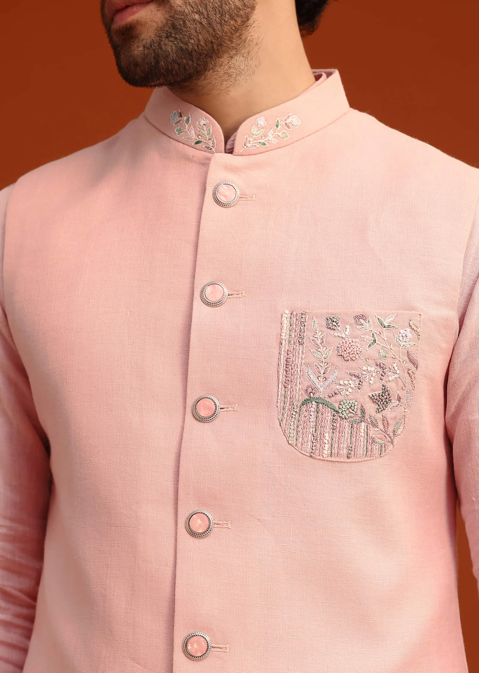 Pink Hand Embroidered Jacket And Kurta Set In Linen