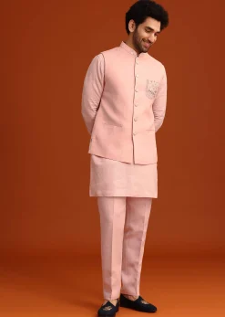 Pink Hand Embroidered Jacket And Kurta Set In Linen