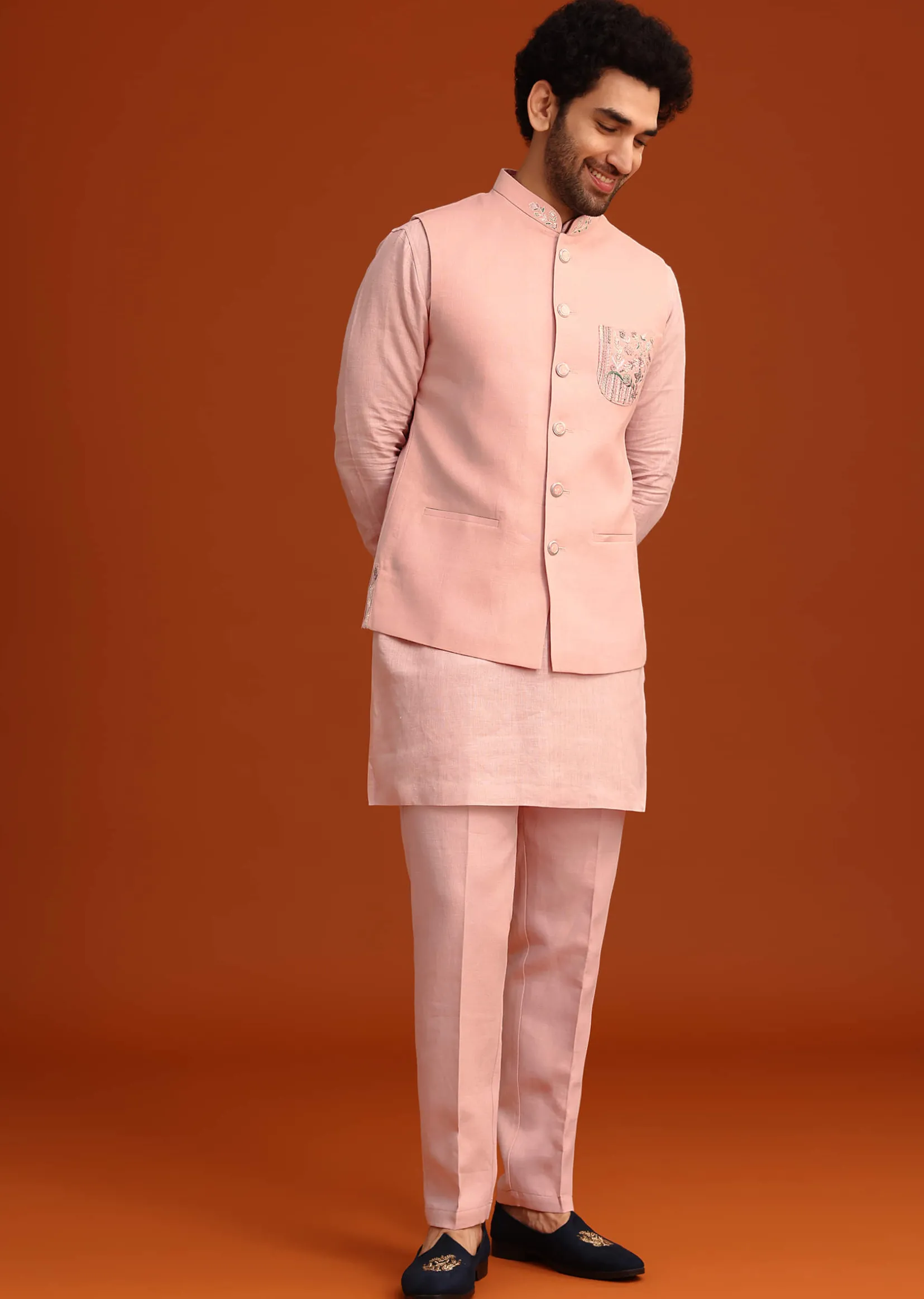 Pink Hand Embroidered Jacket And Kurta Set In Linen