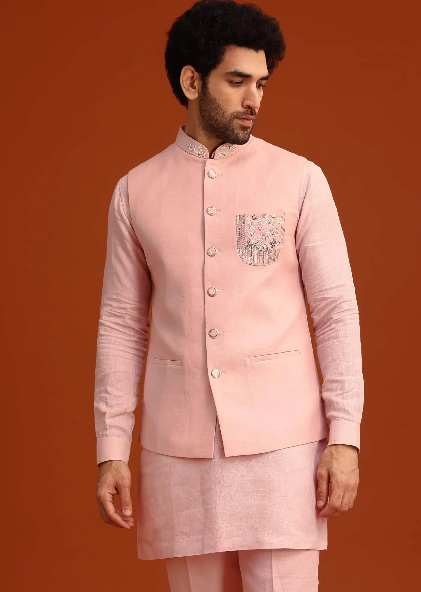 Pink Hand Embroidered Jacket And Kurta Set In Linen