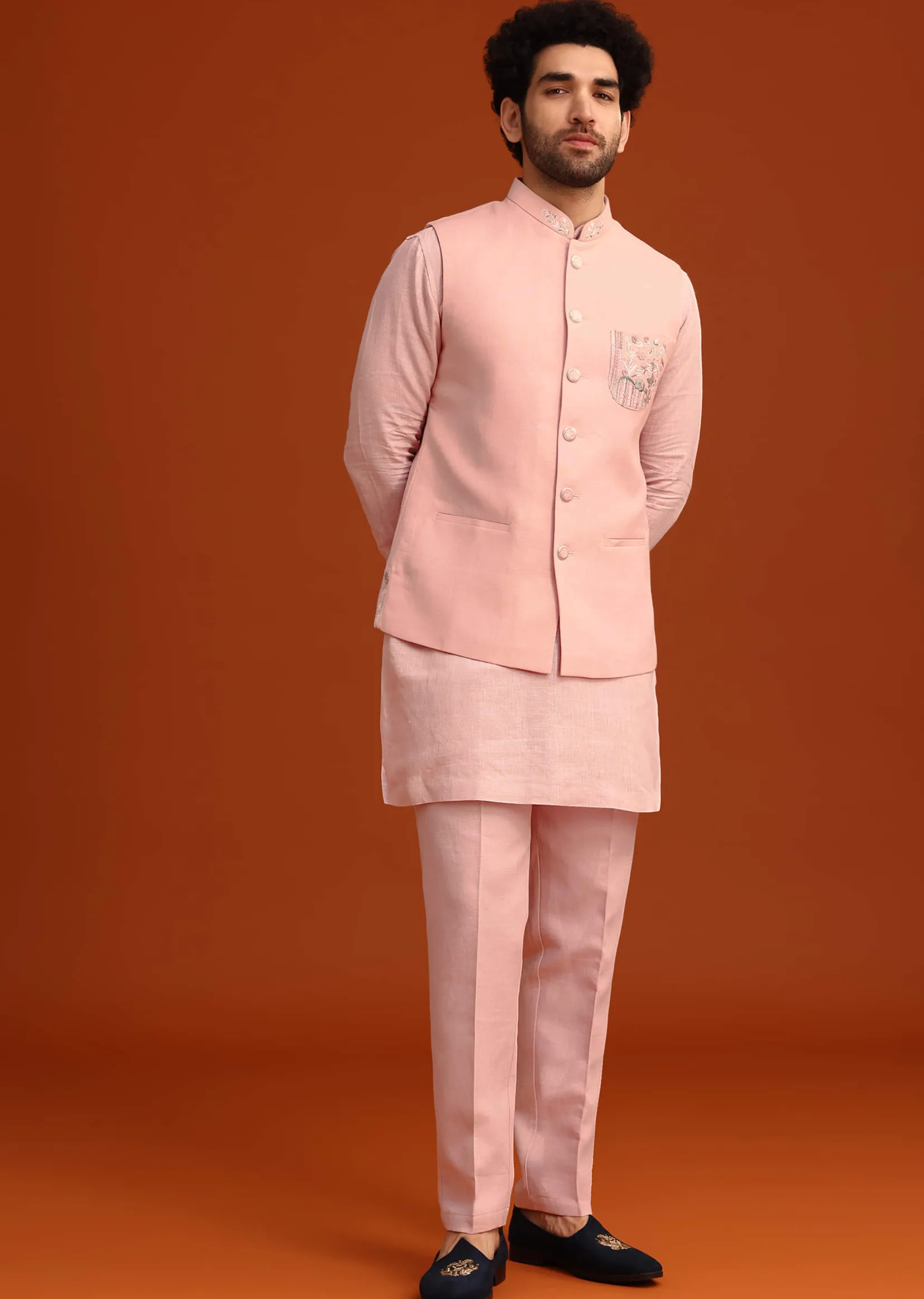 Pink Hand Embroidered Jacket And Kurta Set In Linen