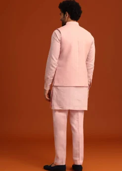 Pink Hand Embroidered Jacket And Kurta Set In Linen