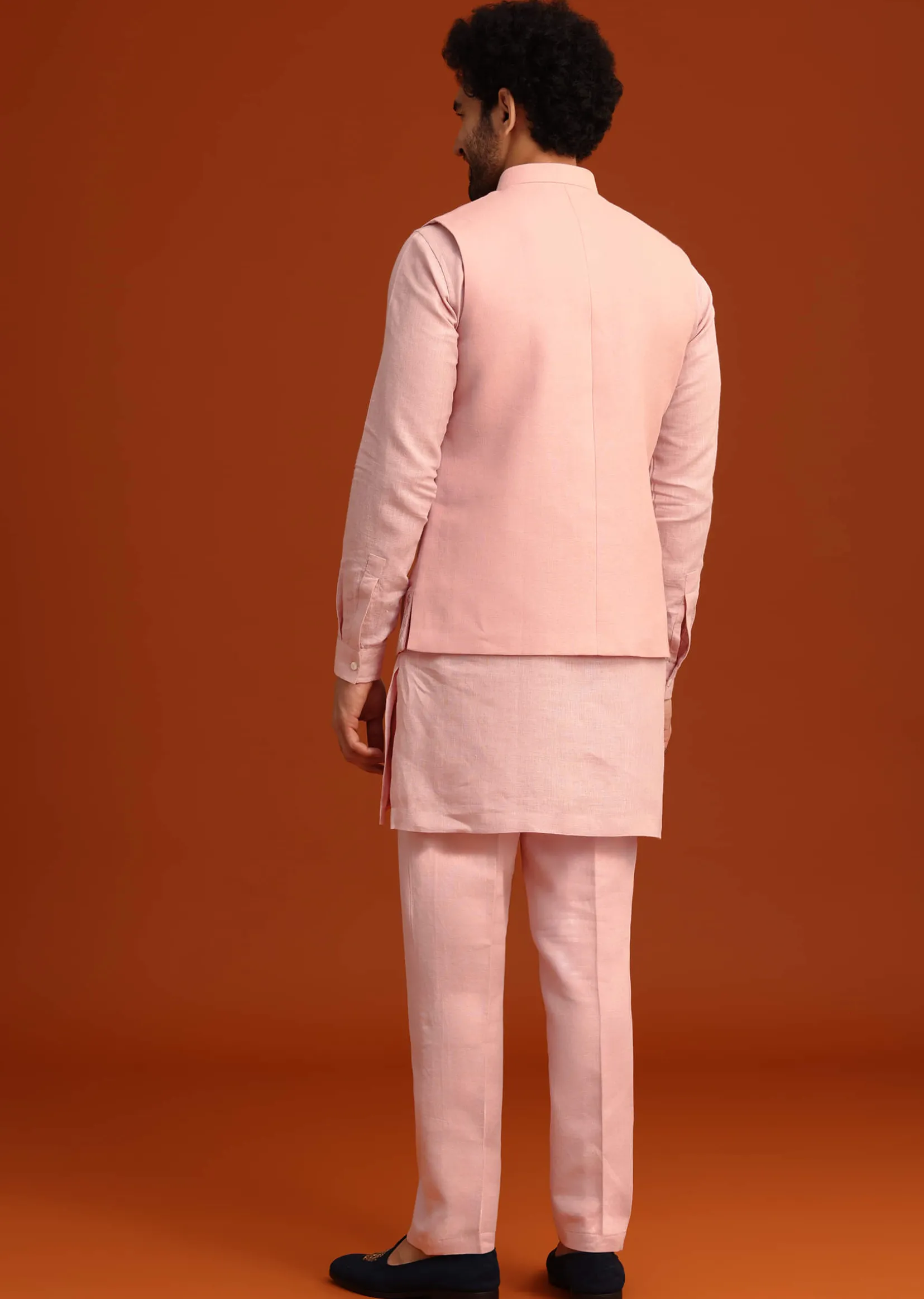 Pink Hand Embroidered Jacket And Kurta Set In Linen