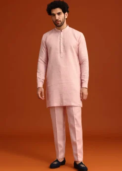 Pink Hand Embroidered Jacket And Kurta Set In Linen