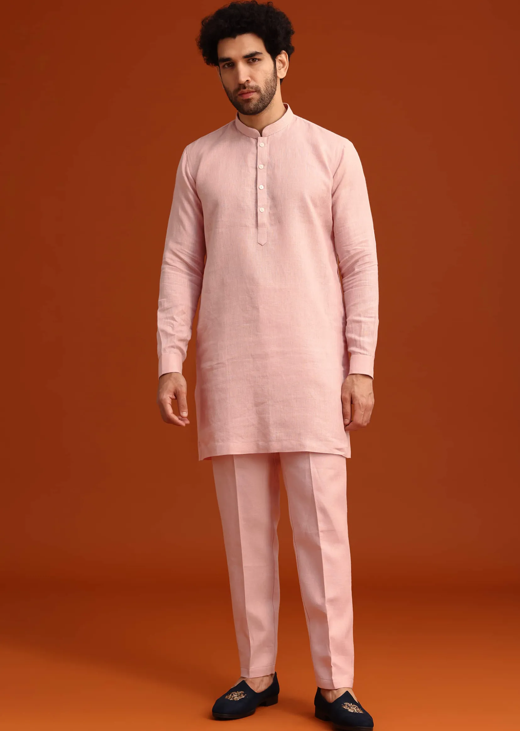 Pink Hand Embroidered Jacket And Kurta Set In Linen