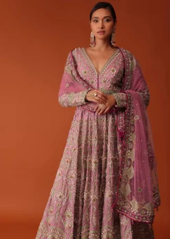 Pink Hand Embroidered Sharara Suit Set With Aari Work