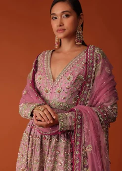 Pink Hand Embroidered Sharara Suit Set With Aari Work