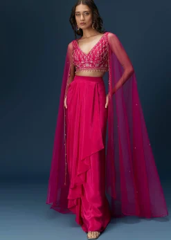 Pink Indo Western Skirt Set With Embroidered Blouse And Dupatta