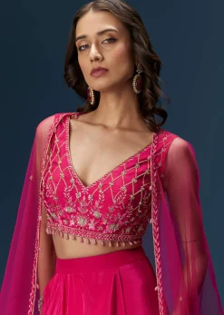 Pink Indo Western Skirt Set With Embroidered Blouse And Dupatta