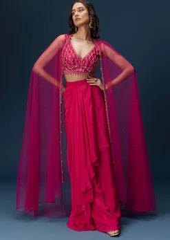 Pink Indo Western Skirt Set With Embroidered Blouse And Dupatta
