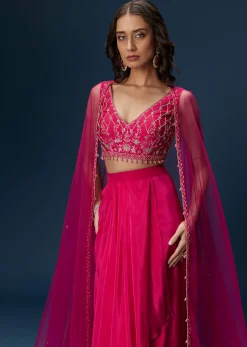Pink Indo Western Skirt Set With Embroidered Blouse And Dupatta