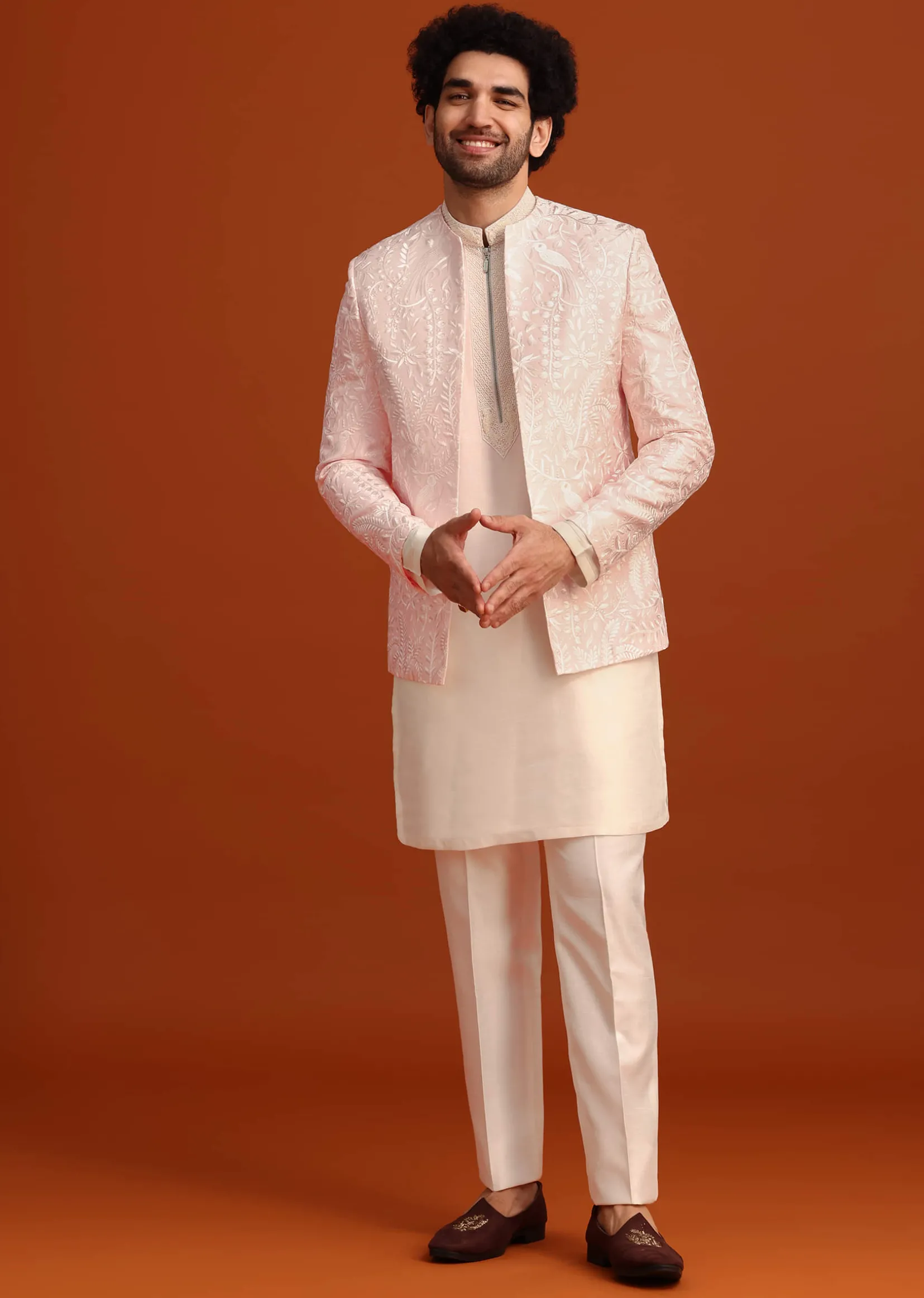 Pink Indo-Western Jacket And Kurta Set In Silk With French Knots