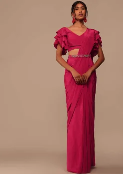 Pink Indo-western Saree And Layered Sleeves Blouse Set In Crepe