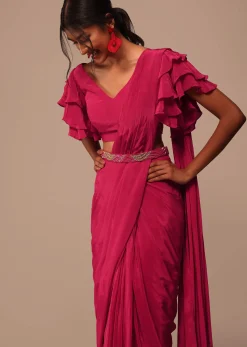Pink Indo-western Saree And Layered Sleeves Blouse Set In Crepe