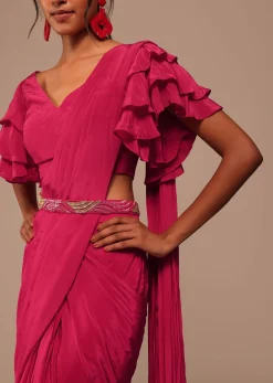 Pink Indo-western Saree And Layered Sleeves Blouse Set In Crepe