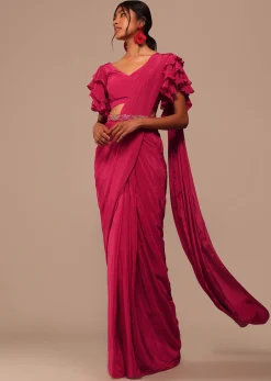 Pink Indo-western Saree And Layered Sleeves Blouse Set In Crepe