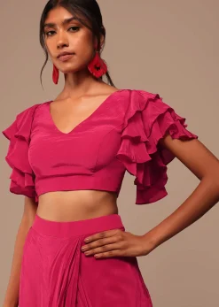 Pink Indo-western Saree And Layered Sleeves Blouse Set In Crepe