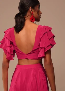 Pink Indo-western Saree And Layered Sleeves Blouse Set In Crepe