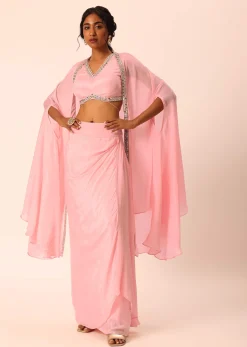 Pink Jacket And Dhoti Set With Mirror Work