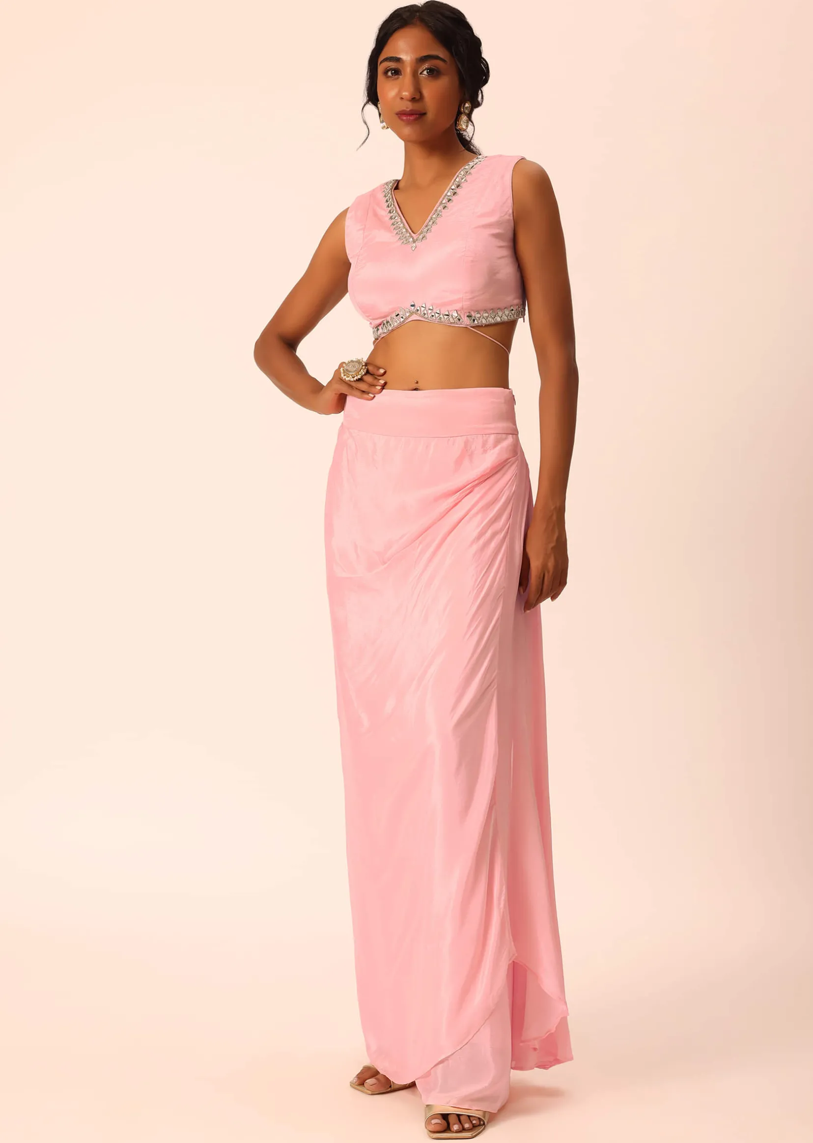 Pink Jacket And Dhoti Set With Mirror Work