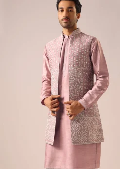 Pink Jacket And Kurta Set with Cutwork Detail